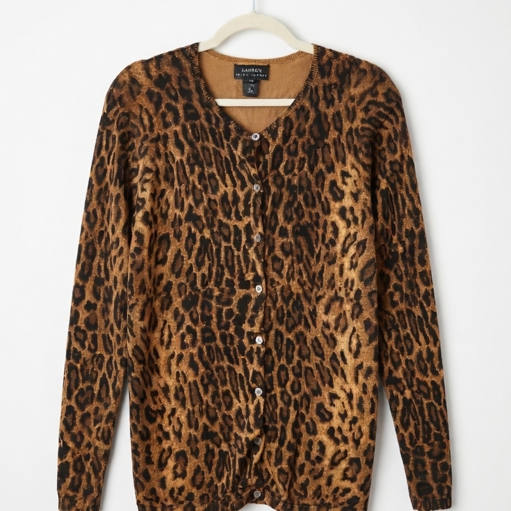 Lauren Ralph Lauren Brown Leopard Print Cardigan Sweater